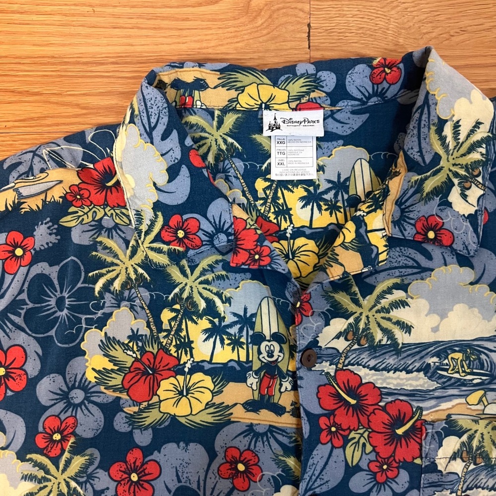 Disney Parks Mickey Mouse Surfing Aloha Shirt XXL Navy Blue Rayon Tiki Hibiscus
